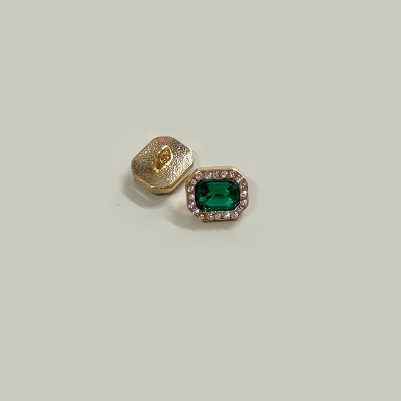 Square 12mm green gemstone button with crystal bezel border and gold-tone back
