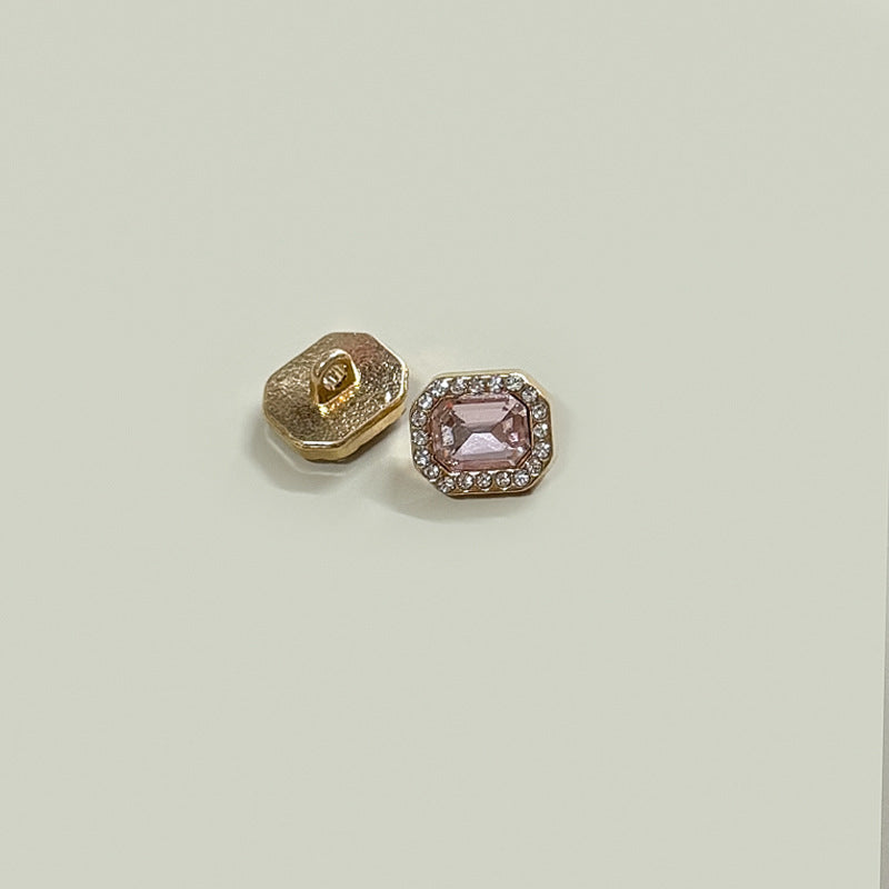 Square 12mm button with light pink gemstone center and crystal border on gold-tone base