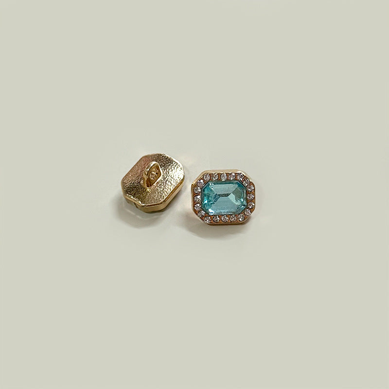 Square gem buttons, gold-tone metal with blue-green center stone, shirt cuff set