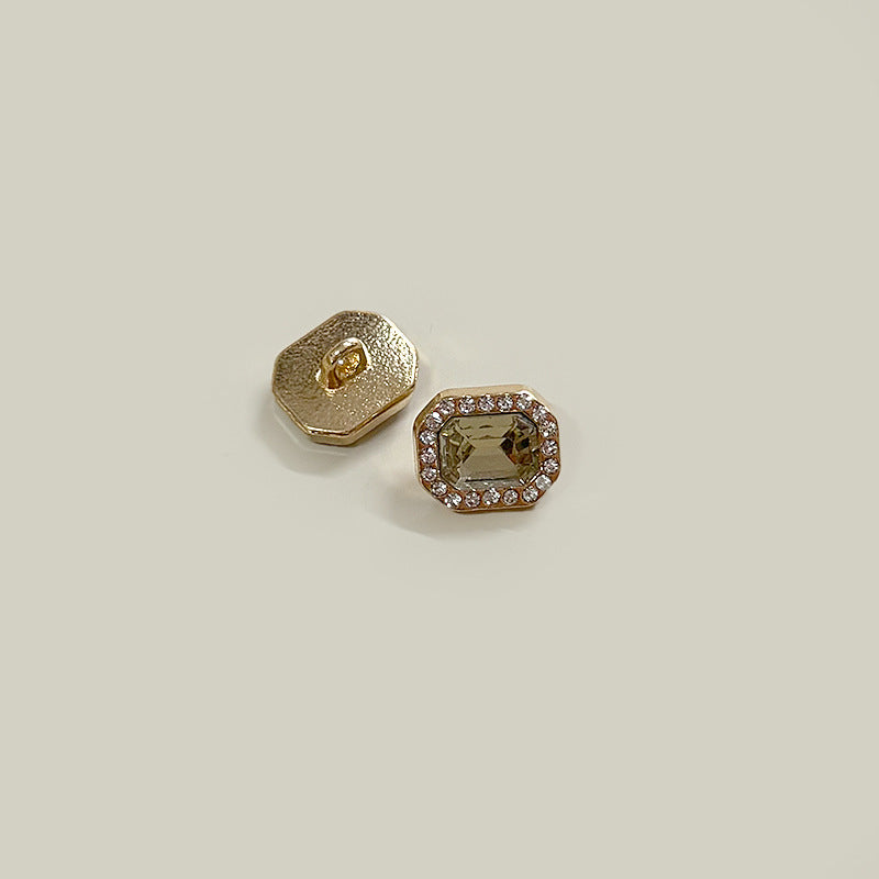 Square gem buttons, gold-tone metal with smoky green center stone, shirt cuff set