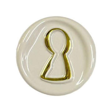 23mm round metal button, white with golden-lined miniature figure and shank