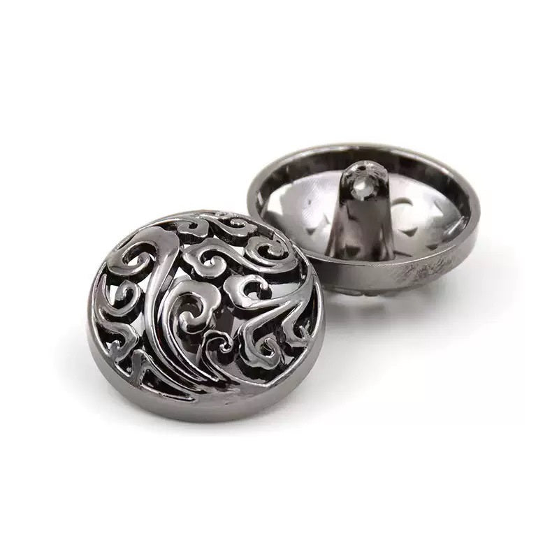 Gun black 12-25mm hollow cloud metal buttons with shank, Chinese palace style, front and back