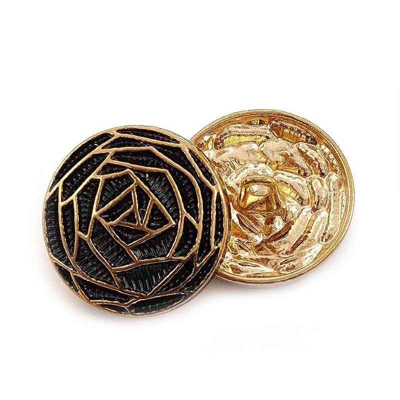 Black metal floral button, woven flower core pattern, gold rim, 18/20/23mm