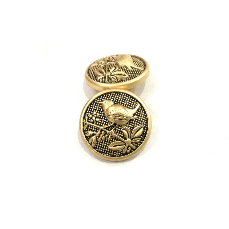 Round metal sewing buttons, matte gold bird & floral pattern (front, 2 pcs)