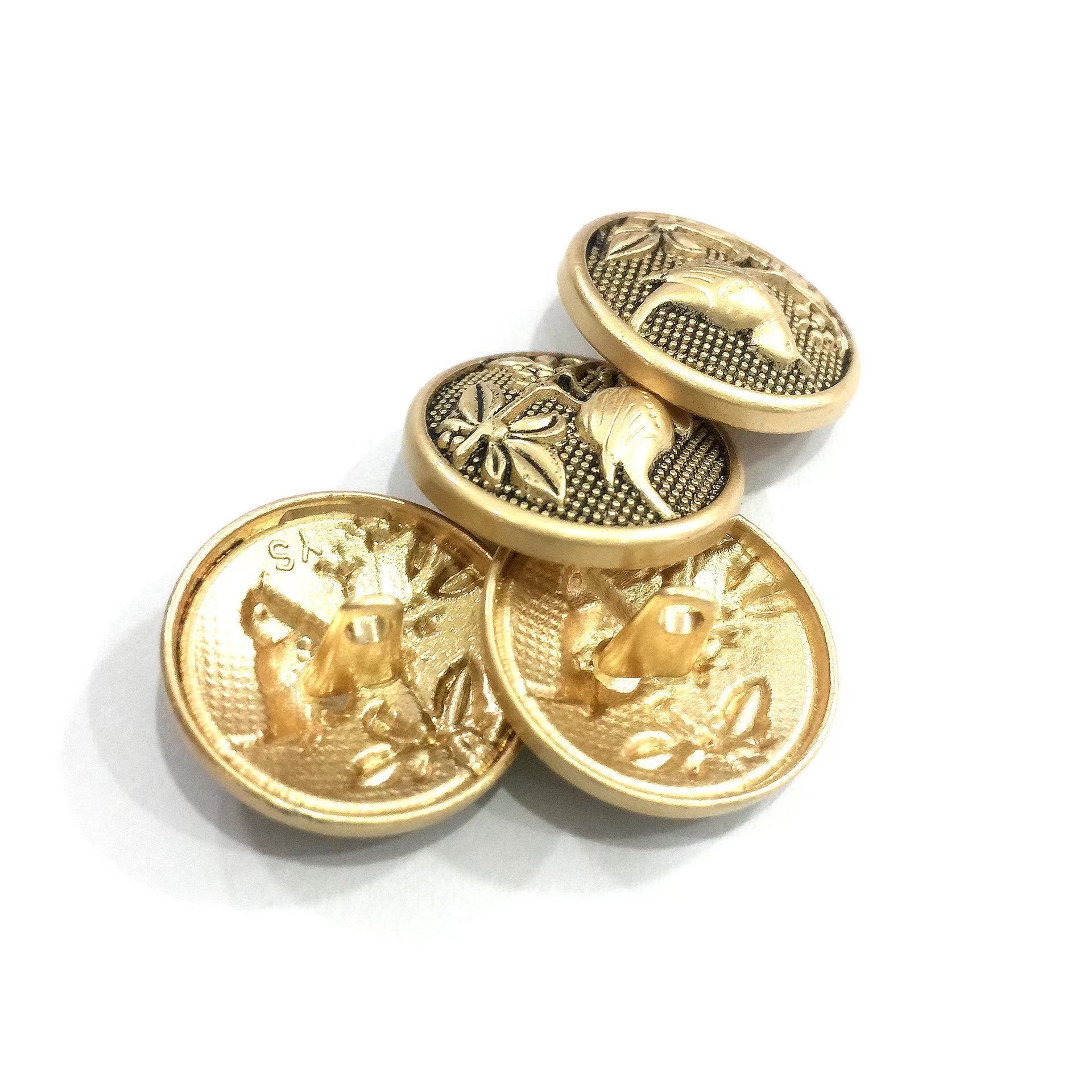 Round metal sewing buttons, matte gold bird-floral design; backs with shank (3 pcs)