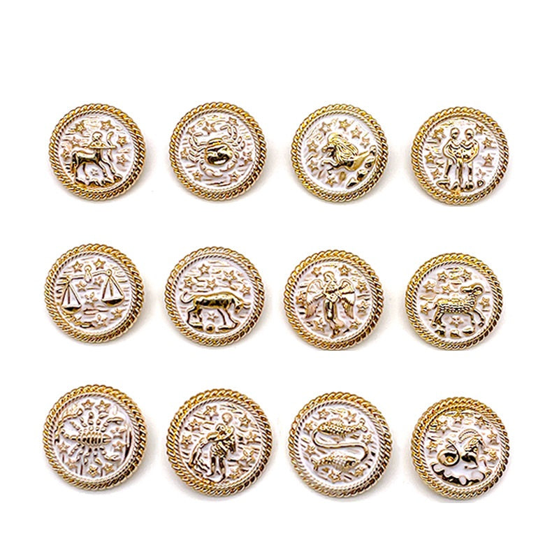 Gold round metal shank buttons, 17–25mm, constellation zodiac animal motifs (48-pack)
