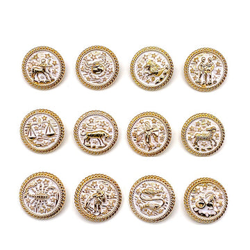 Gold round metal shank buttons, 17–25mm, constellation zodiac animal motifs (48-pack)