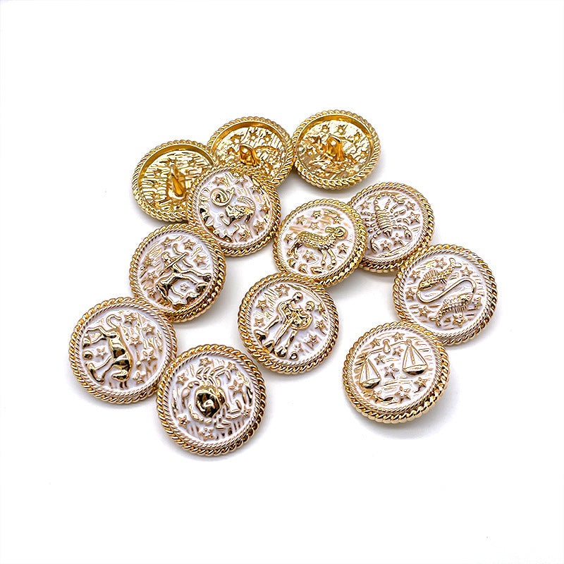 Round gold metal shank buttons with mixed zodiac animal designs, 17–25mm (48 pack)