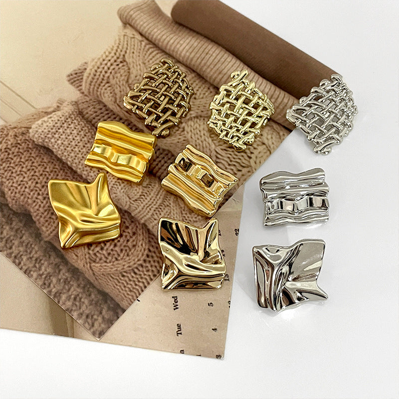 Irregular wave grid metal buttons, gold and silver square woven style, assorted
