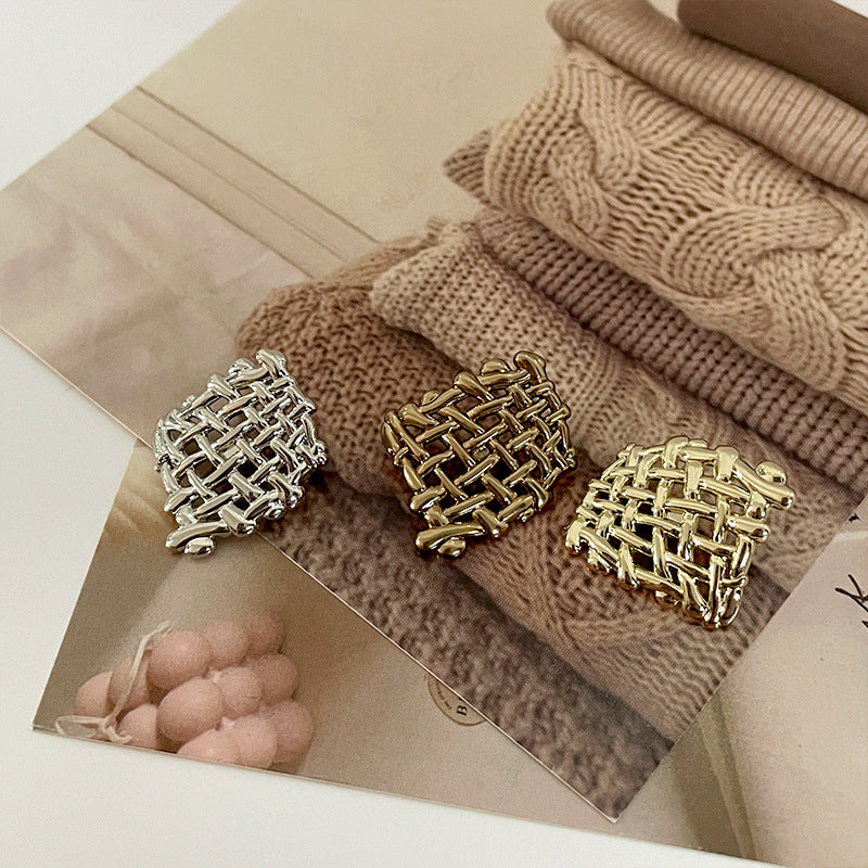 Gold and silver woven square grid metal buttons on card, assorted set