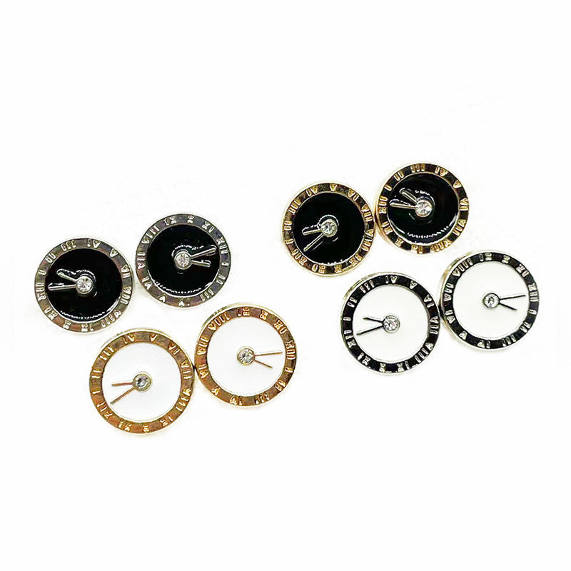 Clock cuff buttons assortment: black and white faces with gold-tone rim, mixed pack view