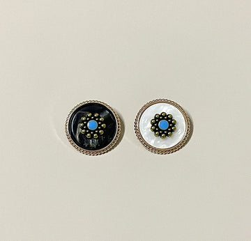 Round vintage plum blossom metal shank buttons, dark face with blue flower center, gold rim