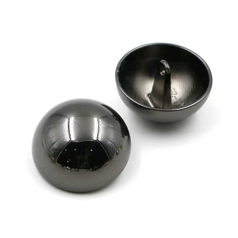Gun black mushroom metal button with polished glossy finish, front and back