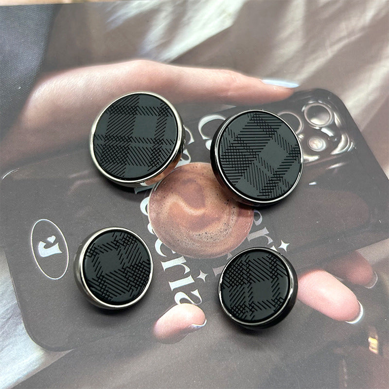 Gun black resin twill metal buttons with shanks, engraved fronts and metal rims