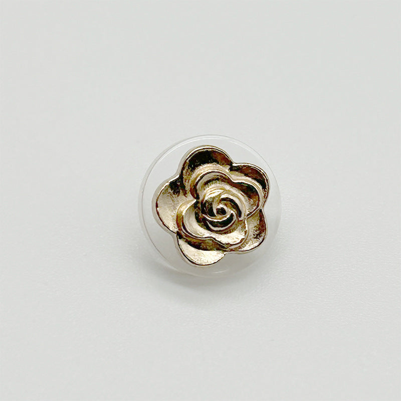 Golden camellia transparent resin metal button, 10mm; glossy gold flower front