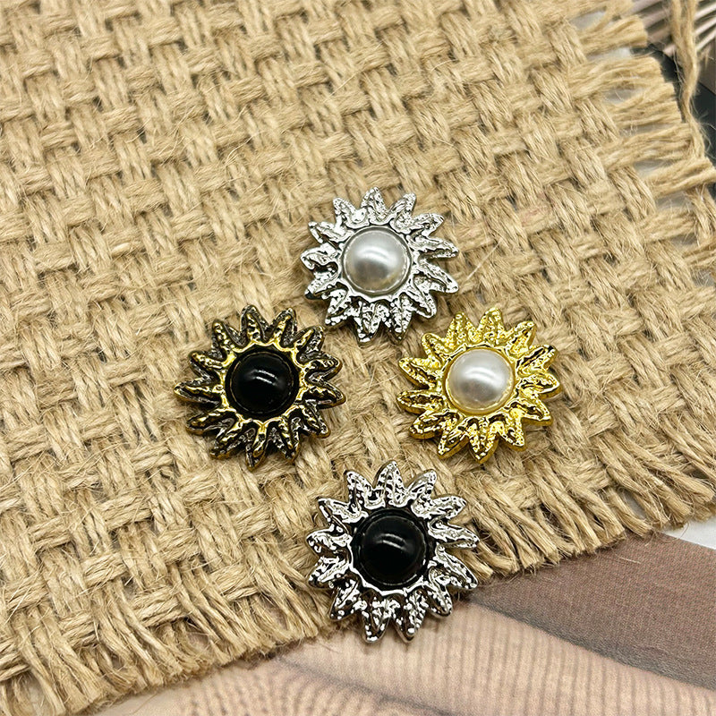 Sunflower-shaped pearl metal buttons, 4-pack style—silver, black, and gold with ridged edges