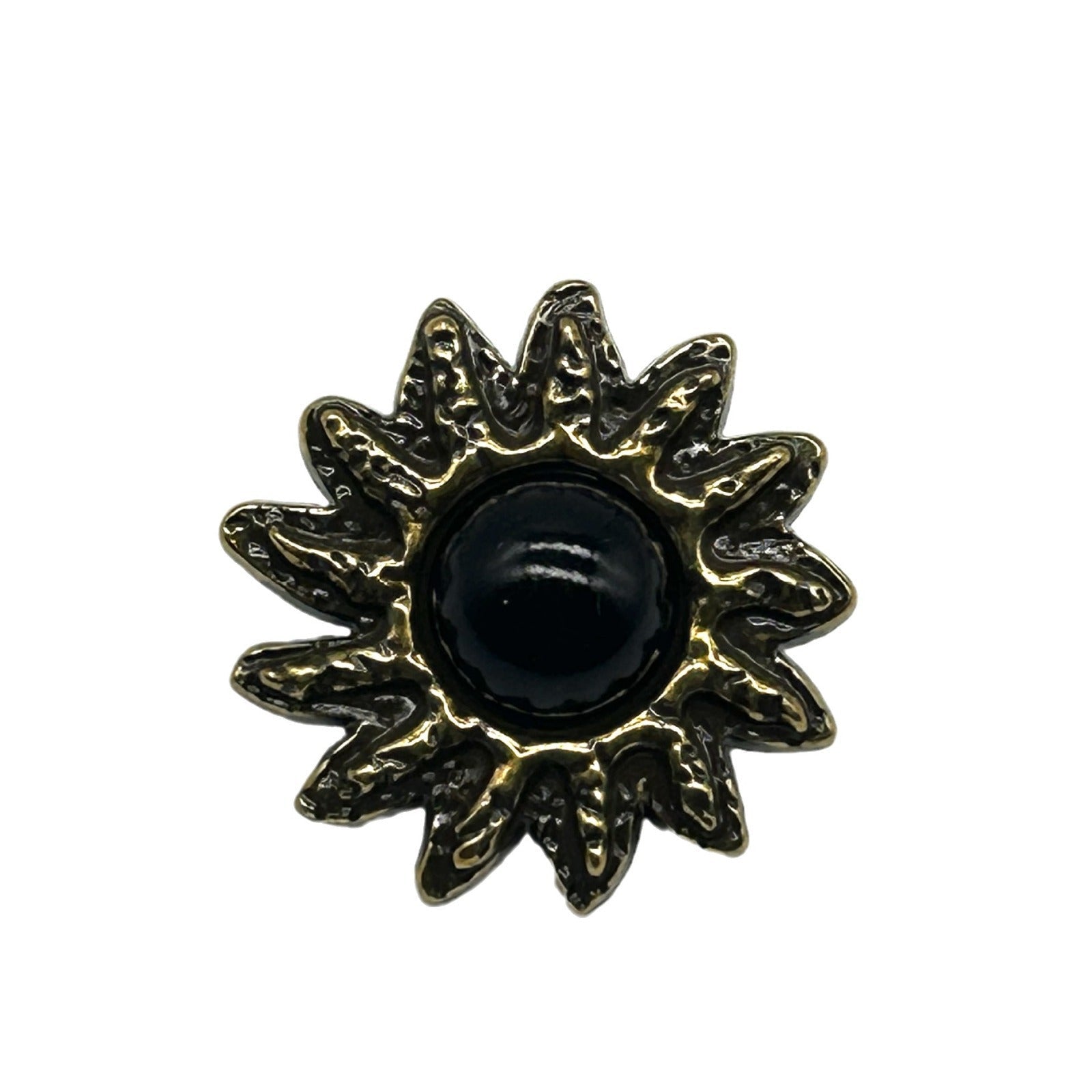 Black sunflower-shaped pearl metal button with gold trim and textured petal design
