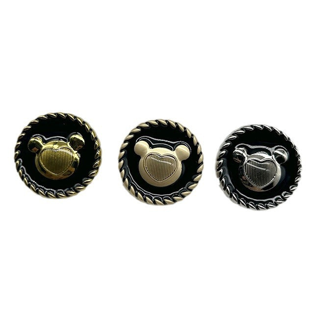 Black enamel bear-head metal buttons, gold and silver accents, round scalloped edge
