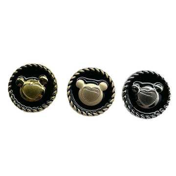 Black enamel bear-head metal buttons, gold and silver accents, round scalloped edge