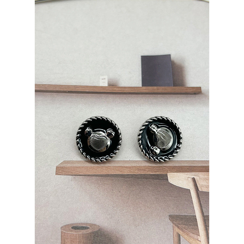 Black enamel bear-head buttons with silver metal center, scalloped round border (2 pcs)