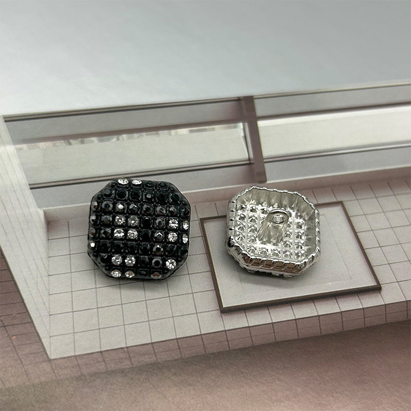 Black square metal shank button with sparkling rhinestone grid, coat button