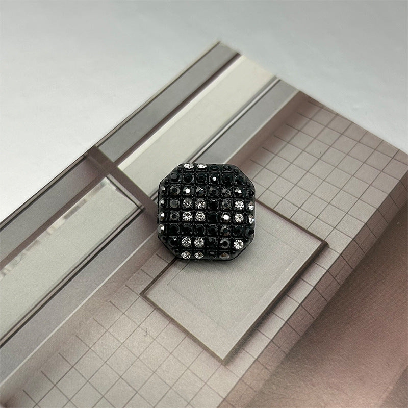 Black square rhinestone button with metal shank, front view