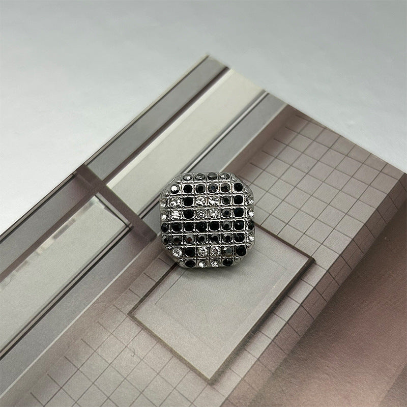 Silver-toned square metal shank button with rhinestone starry-sky diamond pattern