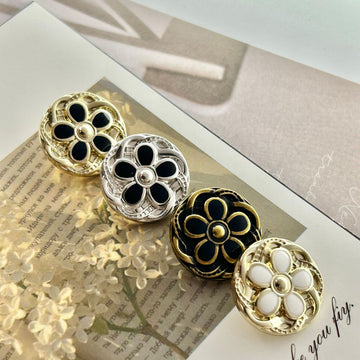 Vintage metal button, round floral lace design, gold-tone with black enamel