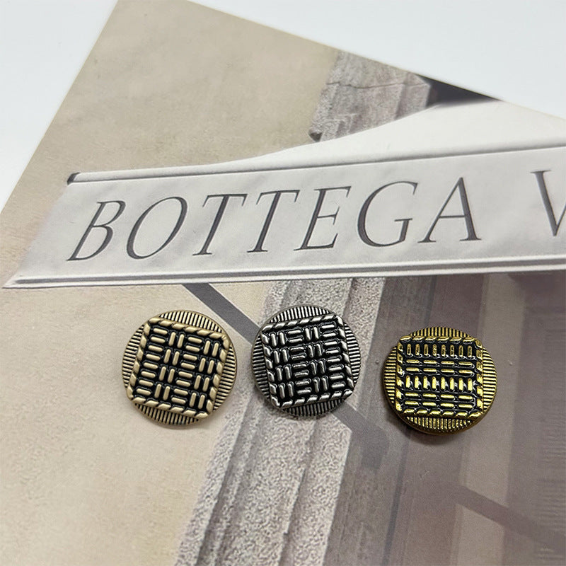 Vintage metal buttons: round exterior, striped texture, gold, silver, bronze (3 pcs)