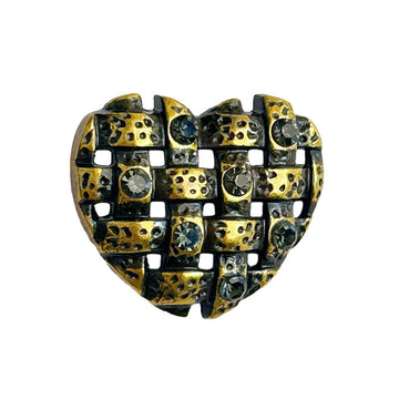 Antique gold heart-shaped metal button with gray rhinestone grid and 4 holes