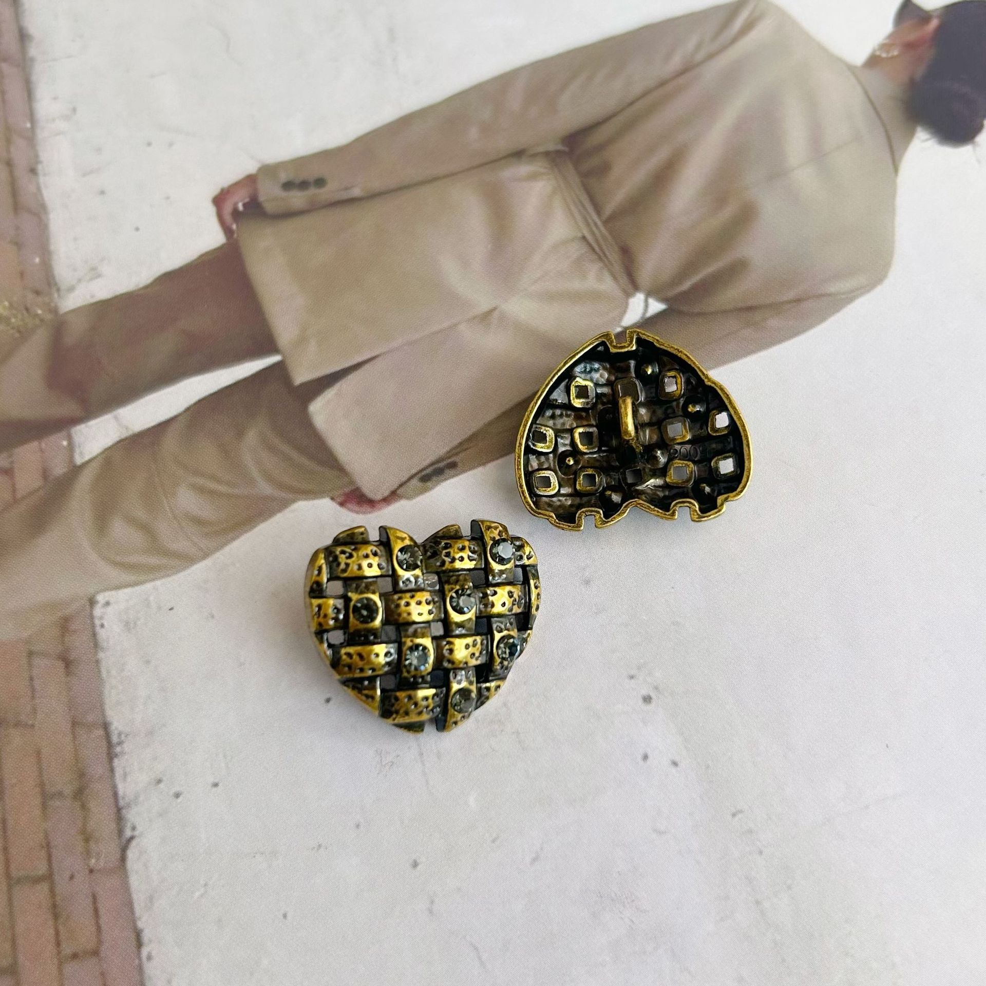 Pair of antique gold heart metal buttons with gray rhinestone in geometric square settings