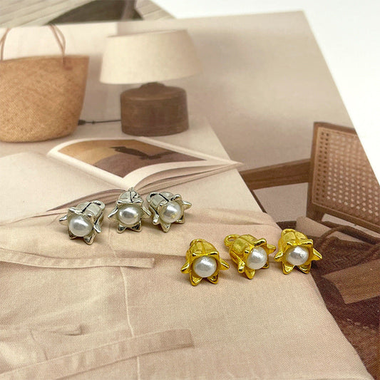 10mm Lily of the Valley Flower Metal Buttons Pearl Core for Shirt Jacket Cufflinks 50pcs 25pcs Gold+25pcs Silver