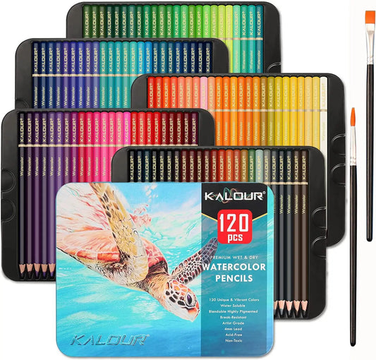 KALOUR 120 Premium Wet Dry Watercolor Pencils Set with 2 Brush