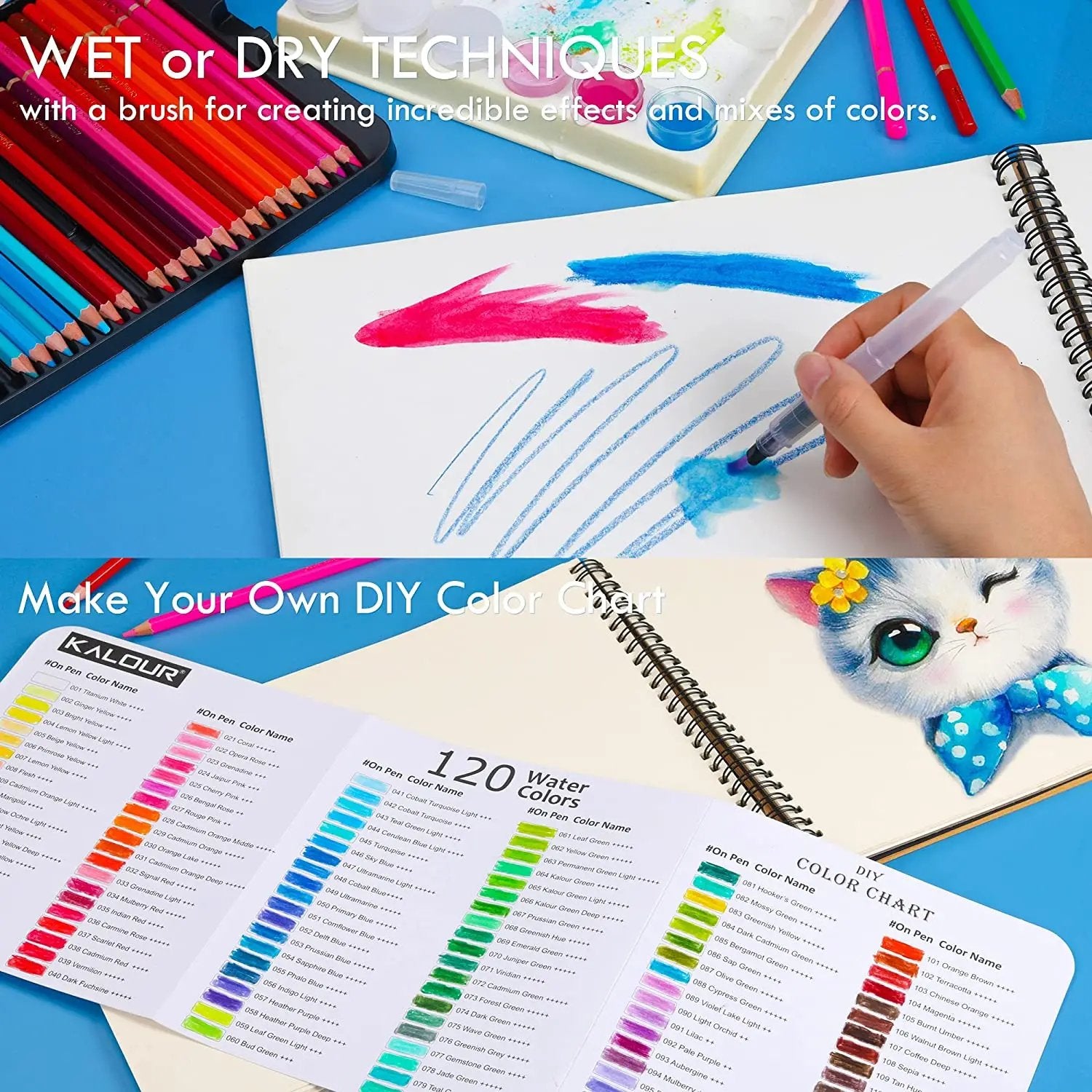 KALOUR 120 Premium Wet Dry Watercolor Pencils Set with 2 Brush - TTpen