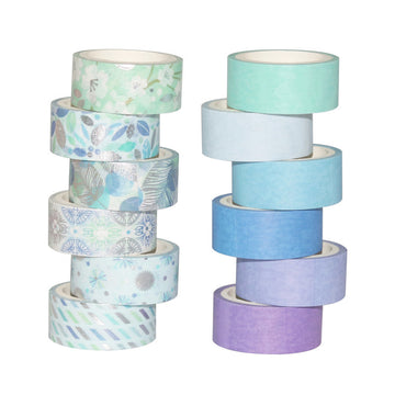 Blue Washi Tape Set 12 Rolls 15mm x 3m