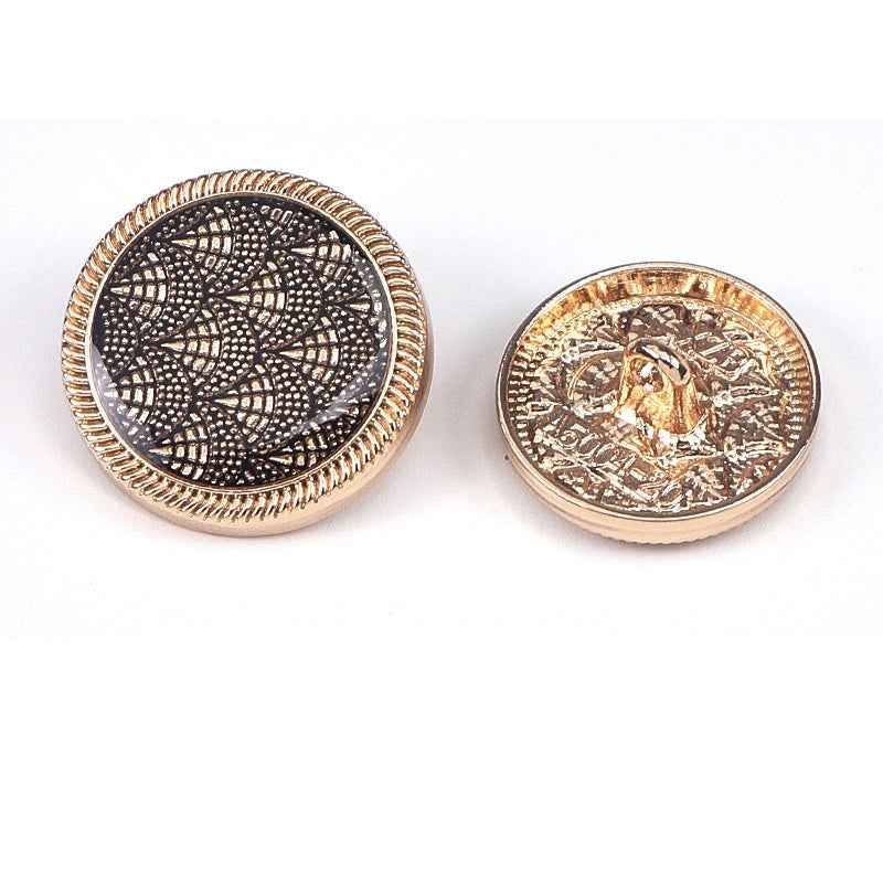 Fish-scale enamel shank buttons, gold rim black front and gold back