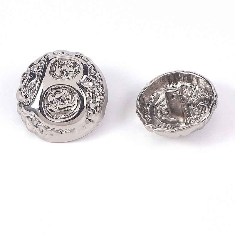 Silver domed letter B metal shank button, front and back views, embossed crest