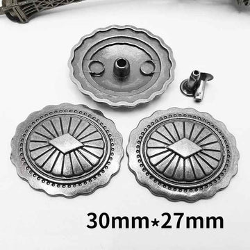 30x27mm antique silver arabesque rivet stud, scalloped sunburst design, 3-hole backplate