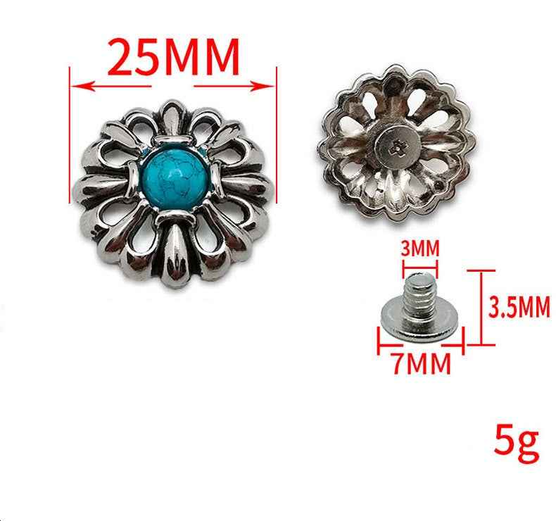 Blumen-Screw-Studs, türkisfarbener Stein; ca. 25 mm Durchmesser