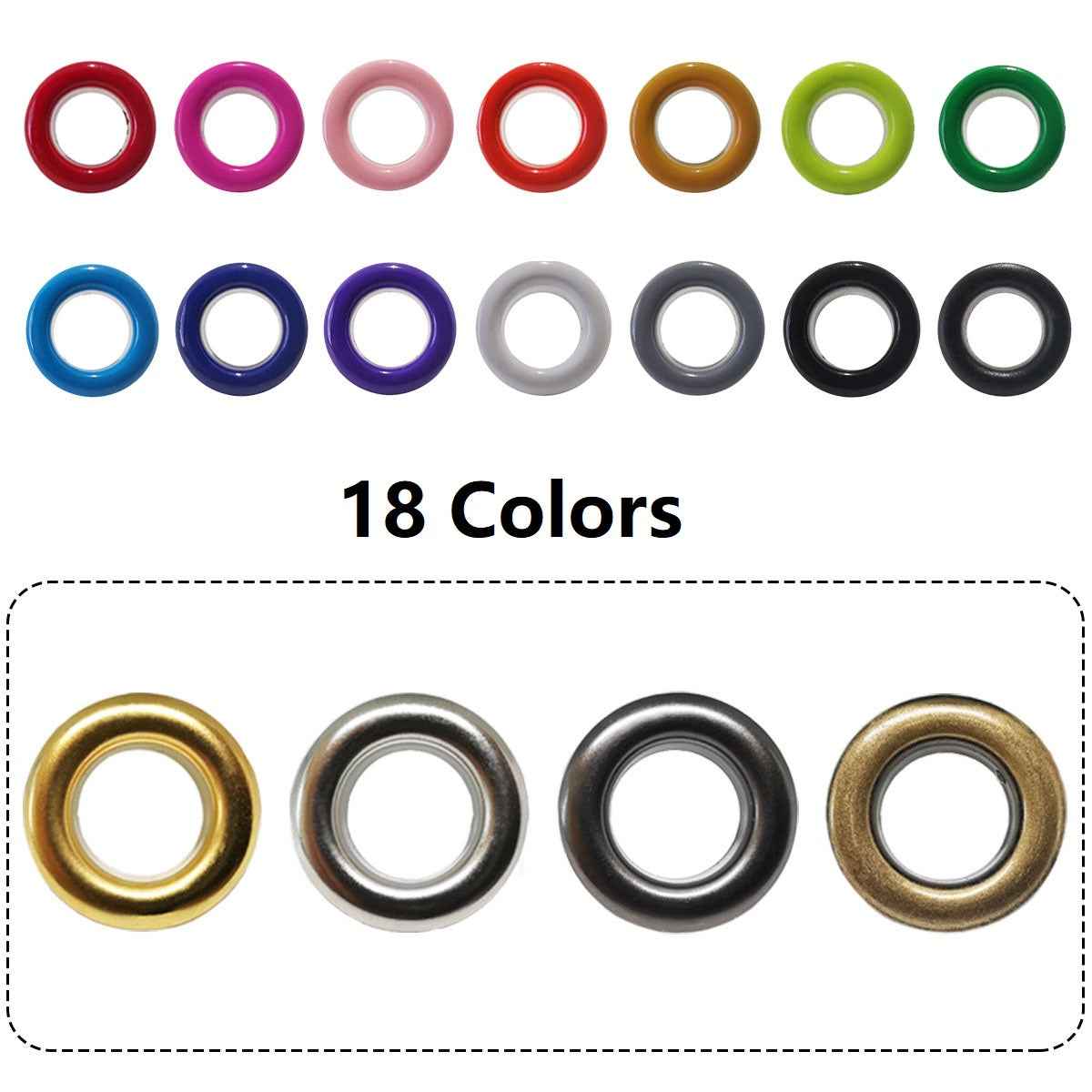 Shoe eyelets hollow rivet rings in 18 colors, 180-pack assortment