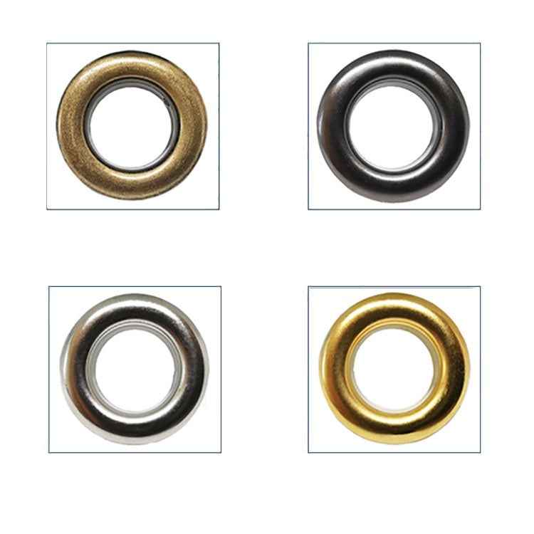 Shoe eyelets hollow rivets close-up: gold, silver, dark steel ring options