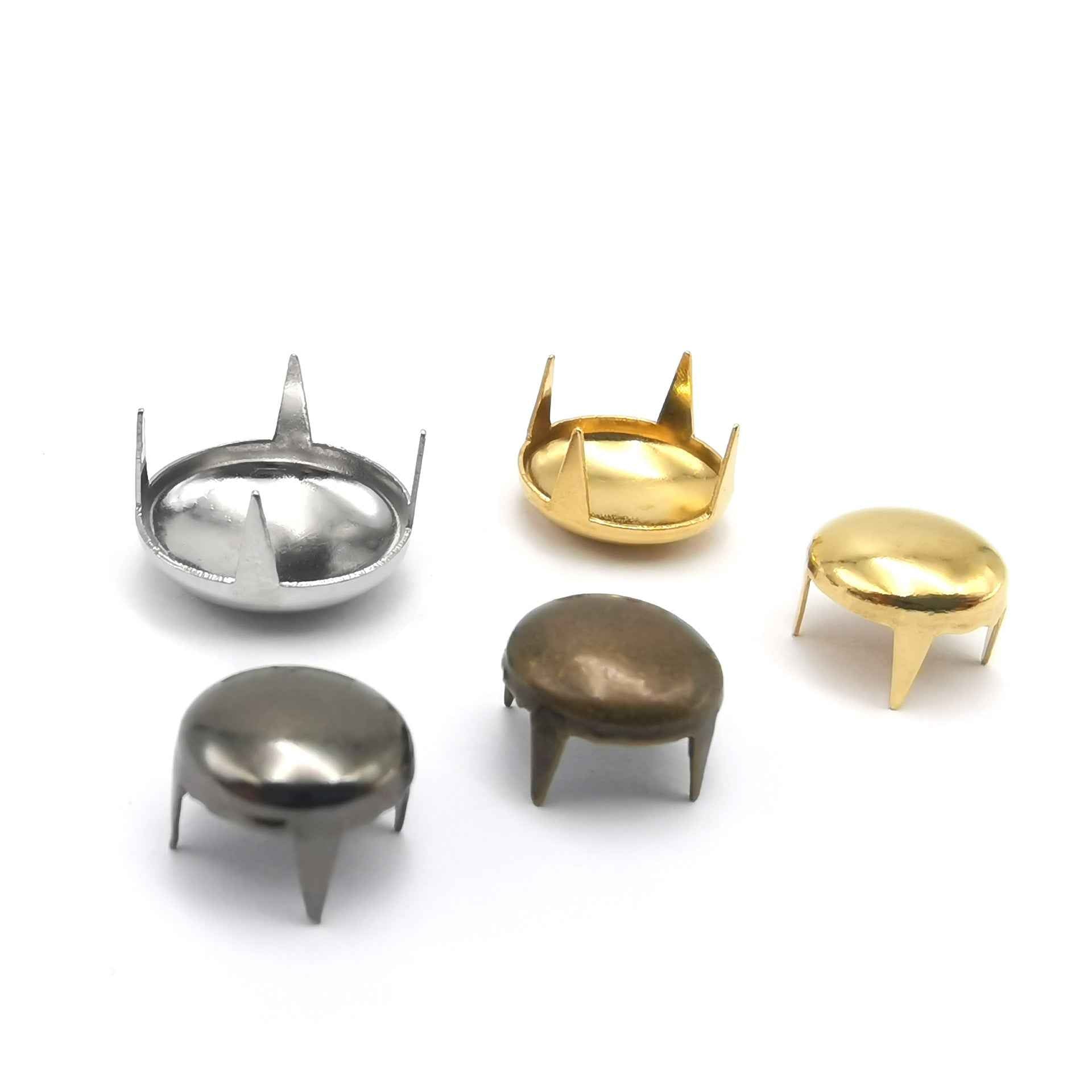 Round 4-prong rivets close-up in silver, gold, and bronze finishes