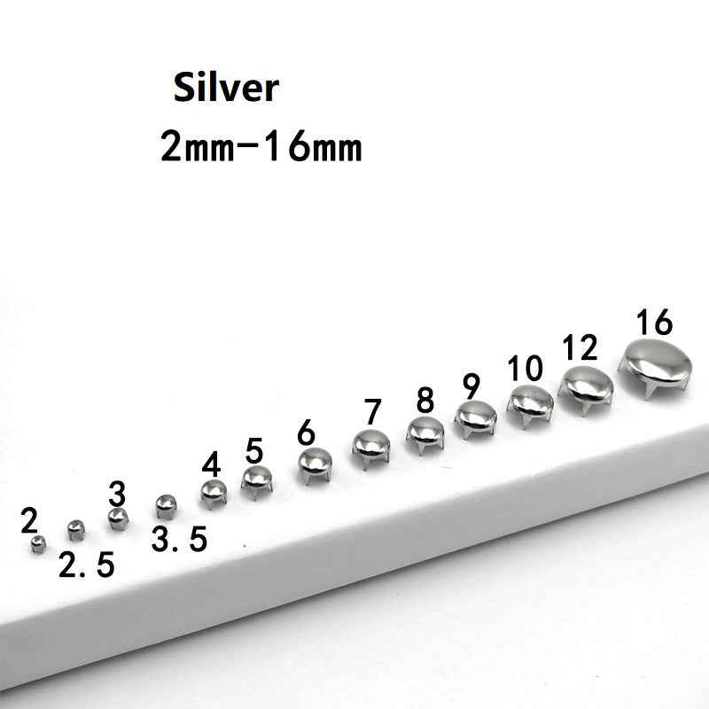 Silver 2-16mm round 4-prong rivets with numbered size lineup