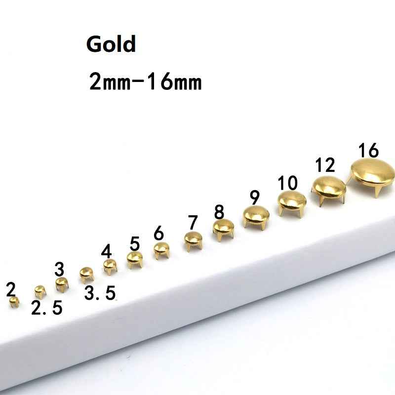 Gold 2-16mm round 4-prong rivets, numbered sizes from 2 to 16mm