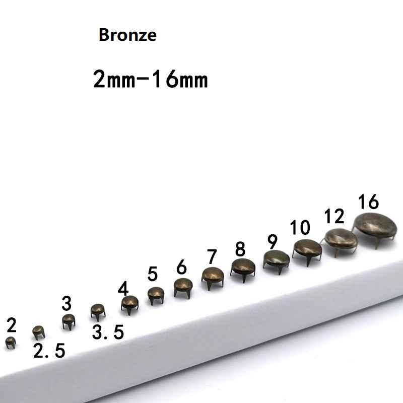 Bronze 2-16mm round 4-prong rivets, numbered sizes from 2 to 16mm