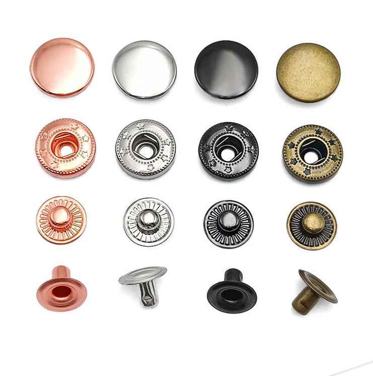 Rose gold snap buttons, round metal caps with central eyelet and snap posts
