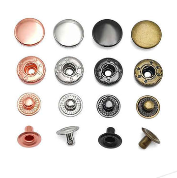 Rose gold snap buttons, round metal caps with central eyelet and snap posts