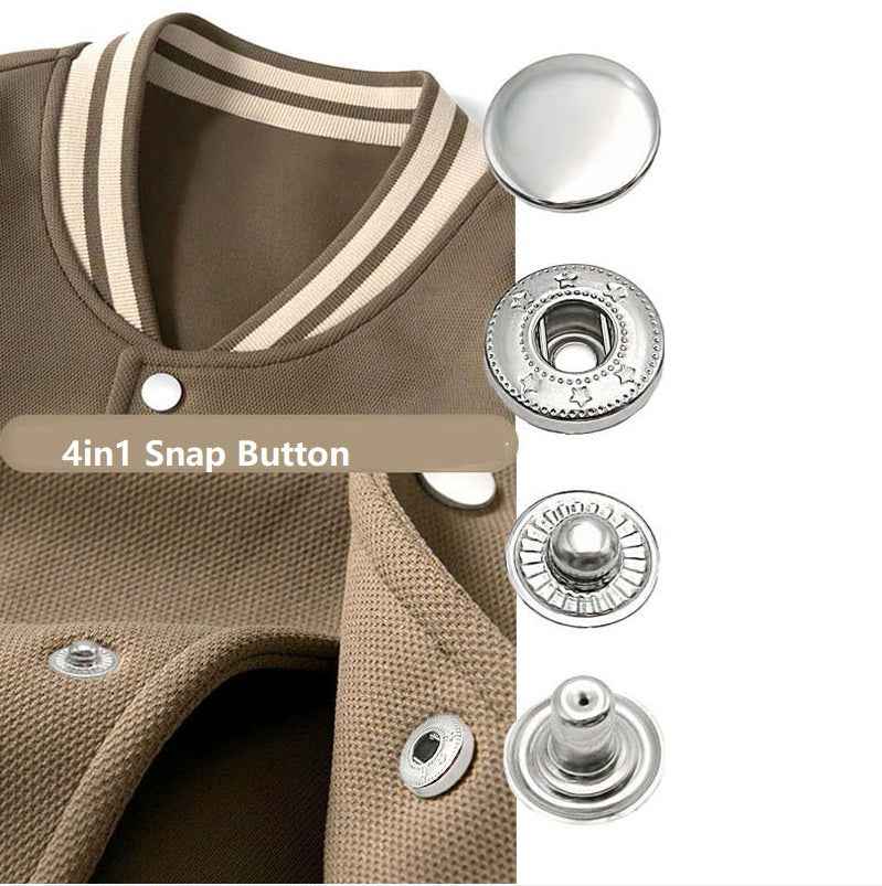 4in1 snap button on tan fabric: silver cap with matching snap components