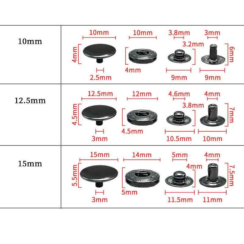 Snap button size chart showing black cap and post parts with measurements