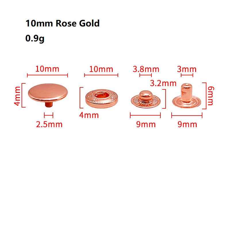 12.5mm Rose Gold snap buttons, round cap and snap post with labeled dimensions